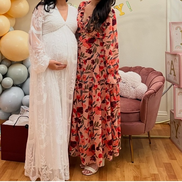 PINKBLUSH Lace mesh overlay Maternity maxi Dress - Picture 1 of 3